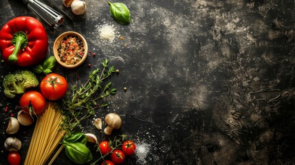 Food ingredients and spices on dark background. Top view with copy space - obrazy, fototapety, plakaty