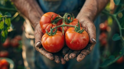 Farmers hold freshly harvested tomatoes in their hands generative ai - obrazy, fototapety, plakaty