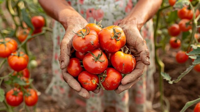 Farmers hold freshly harvested tomatoes in their hands generative ai