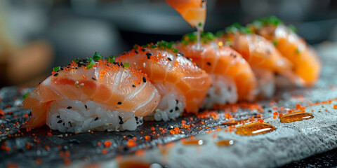 Gourmet Salmon Nigiri Sushi Elegantly Presented on Slate - Powered by Adobe
