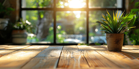 Serene Morning Sunshine on Wooden Table with Potted Plant in Cozy Room