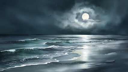 Mystical Moonlit Seascape: A Tranquil Night Under a Luminous Full Moon Amidst Clouds - obrazy, fototapety, plakaty