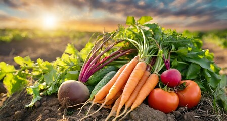  Fresh vegetables, peas, radish, tomato, carrot, beetroot on ground on farm at sunset. Fresh - obrazy, fototapety, plakaty