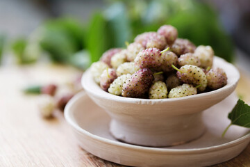 Delicious sweet white mulberry in a plate