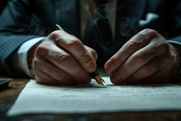 A focused close-up of a person's hands signing a document, symbolizing agreement and thought..