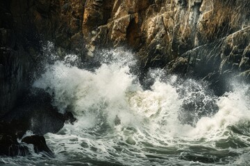 A photo showcasing a vast expanse of water enclosed by rugged rocks creating a striking natural landscape, A vivid portrayal of crashing sea waves against cliff rocks, AI Generated