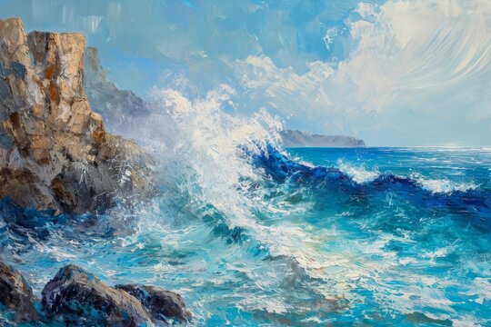 A powerful ocean wave crashes forcefully against a rugged cliff, creating a dramatic scene of natures raw power, A vivid portrayal of crashing sea waves against cliff rocks, AI Generated