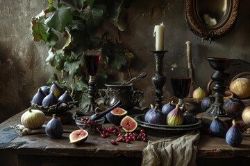 Abundance of Various Fresh Fruits on a Table, A warm still life of a rustic table setting, with ripe figs as the central element, AI Generated