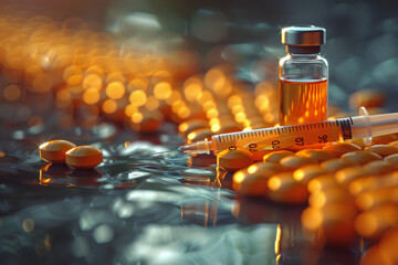 Medical Syringe and Vaccine Vial Amidst Golden Pills on Reflective Surface - obrazy, fototapety, plakaty