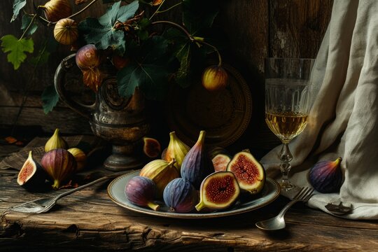 A close-up photograph of a plate filled with fresh figs next to a glass of red wine, A warm still life of a rustic table setting, with ripe figs as the central element, AI Generated