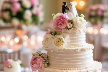 A Wedding Cake With a Bride and Groom Figurine on Top, A wedding cake adorned with fresh flowers and elegant toppers, AI Generated