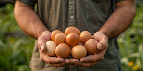Farmer Holding Fresh Brown Eggs in a Sustainable Farm Setting
