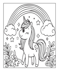Cute cartoon unicorn coloring page. black white vector illustration for coloring book. Generative AI