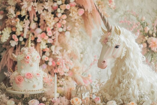 A white unicorn cake with intricate details sitting gracefully on top of a table, A whimsical birthday wonderland with fairies and unicorns, AI Generated