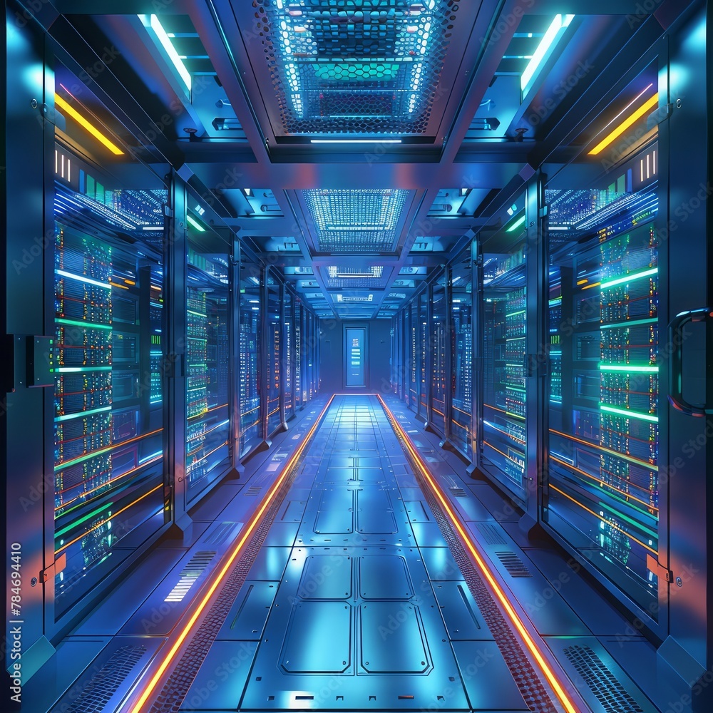 Aufkleber 3D rendering of a modern data center room filled with high-tech server racks, blue and green LED lights indicating network connections. Overhead view showing rows of servers