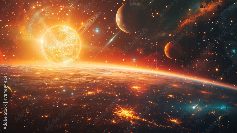 Poster A 3D rendering of a distant planet system in space features multiple planets in orbit around a glowing sun, set against a colorful nebula background