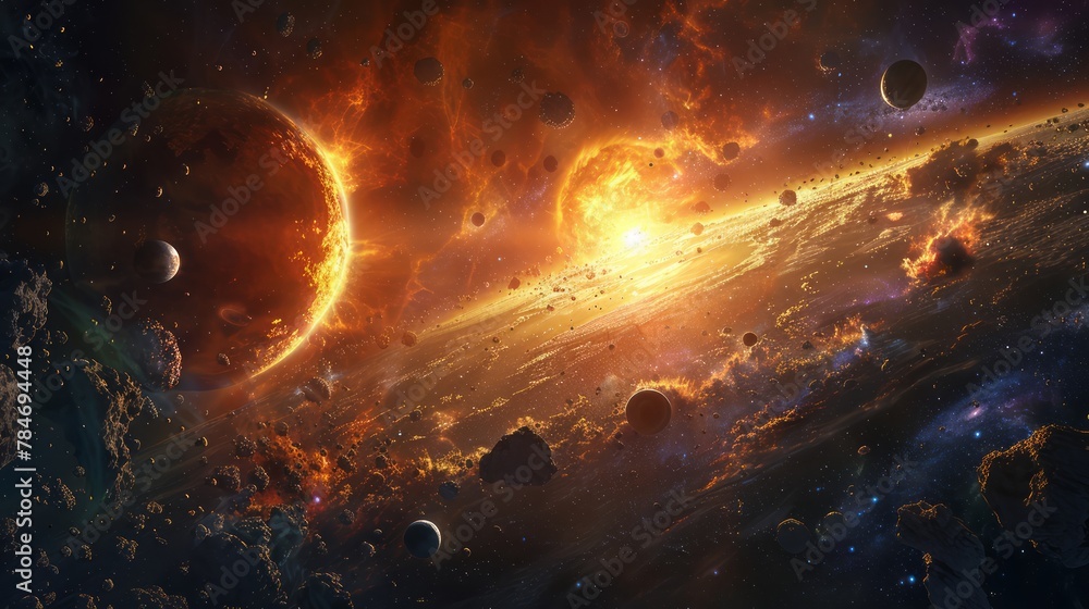 Aufkleber A panoramic 3D rendering reveals a distant planet system in space, showcasing multiple planets in orbit around a glowing sun, all set against a colorful nebula background