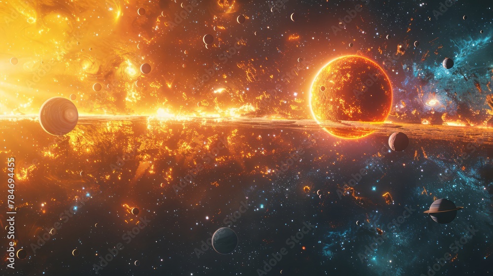Poster A 3D rendering of a distant planet system in space shows multiple planets orbiting a glowing sun, with a colorful nebula background