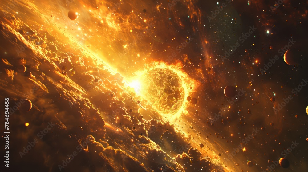 Poster A panoramic 3D view presents a distant planet system in space, with several planets orbiting a glowing sun, all against a colorful nebula backdrop