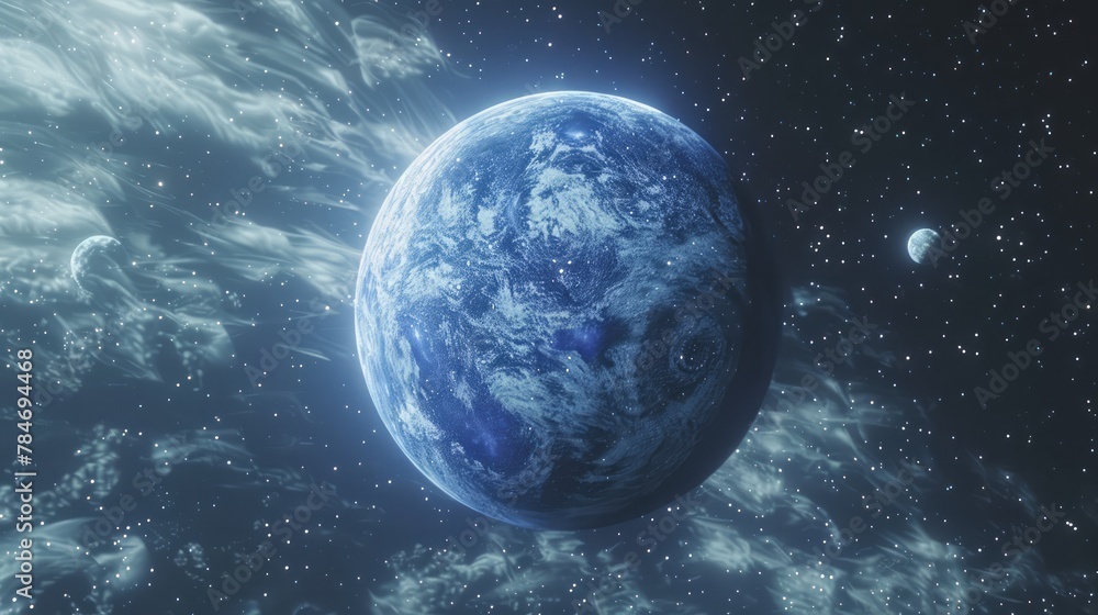 Aufkleber 3D rendering features a distant blue planet with visible oceans and clouds, surrounded by moons against a starry sky