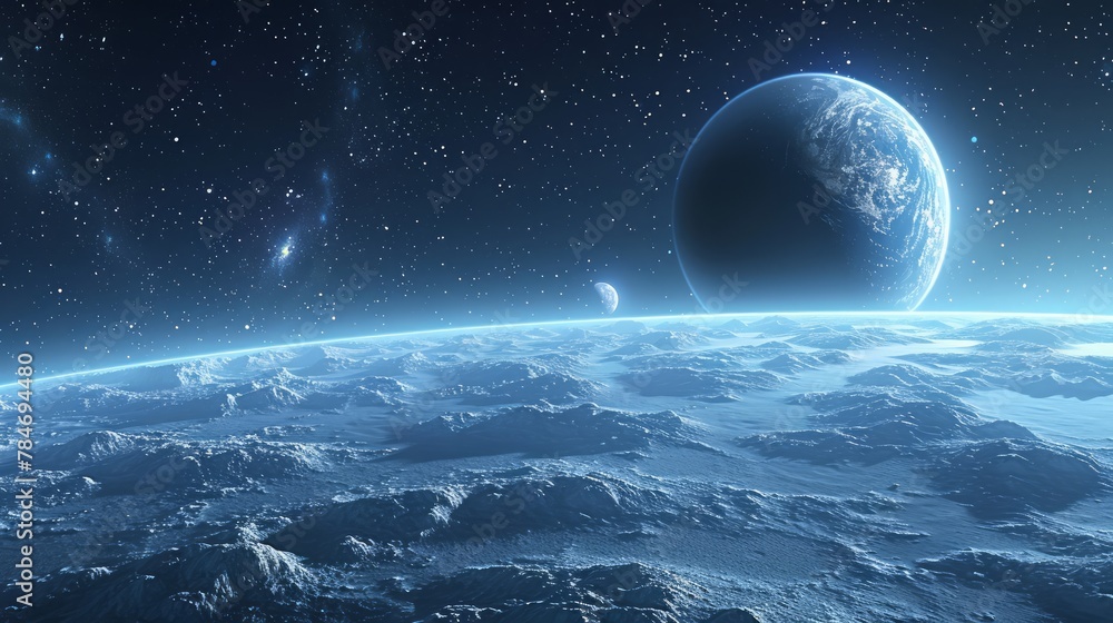 Poster a serene 3d rendering showcases a tranquil distant planet, with a blue hue, visible oceans, and clou