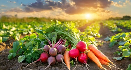  Fresh vegetables, peas, radish, tomato, carrot, beetroot on ground on farm at sunset. Fresh