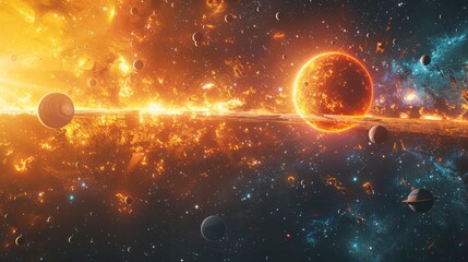 A 3D rendering of a distant planet system in space shows multiple planets orbiting a glowing sun, with a colorful nebula background