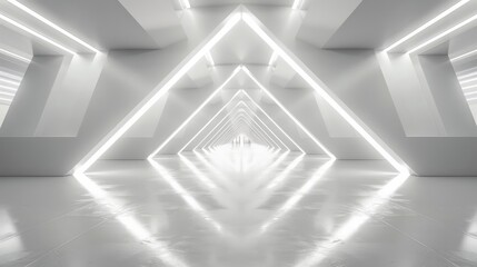 3D rendering of an empty, long corridor with a futuristic triangle tunnel, and bright white LED lights lining the edges, creating a high contrast, modern look