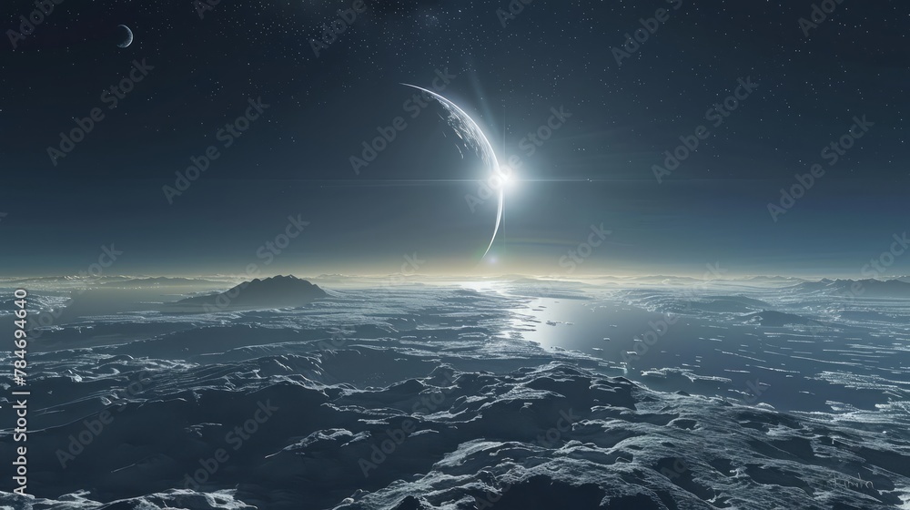 Aufkleber 3d rendering depicts a tranquil distant planet panorama, showcasing a blue planet with visible ocean