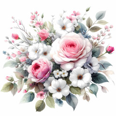 Vintage floral bouquet with roses, peonies and hydrangea flowers in pastel colors isolated on white...