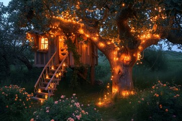 A wooden tree house with a staircase that provides access to the elevated structure, A whimsical treehouse nestled among flowers and glowing fairy lights, AI Generated