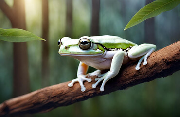 A frog sits on a log in a tropical environment wildlife photography
 - obrazy, fototapety, plakaty