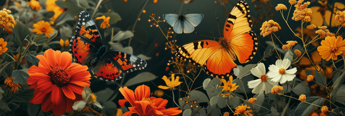 Colorful Butterflies Fluttering in Blossoming Flower Garden Panorama