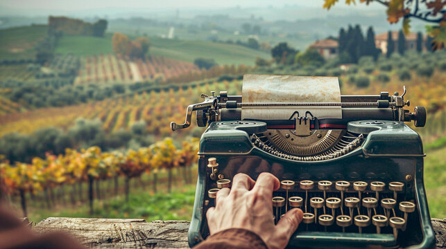 An old typewriter sits on a wooden table in a lush green vineyard.