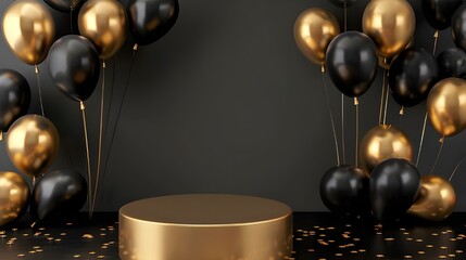 Round black podium is decorated with gold and black balloons. on an abstract black background exhibition area, studio or cosmetic and advertising stage. 3D render illustration ai generated 