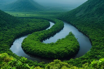 A river cuts through the vibrant green foliage of a dense forest, creating a picturesque scene of natures beauty, A winding river in the heart of the rainforest, AI Generated