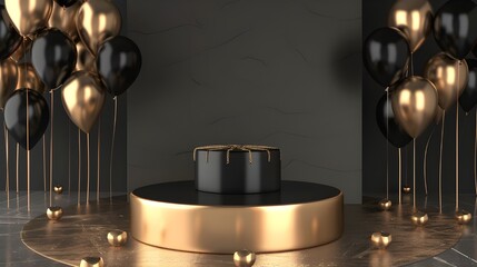 Round black podium is decorated with gold and black balloons. on an abstract black background exhibition area, studio or cosmetic and advertising stage. 3D render 