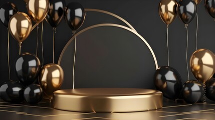 Round black podium is decorated with gold and black balloons. on an abstract black background exhibition area, studio or cosmetic and advertising stage. 3D render illustration ai generated 