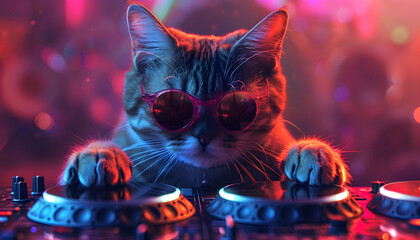 Cat DJ having fun at a trendy club night party for international music day
