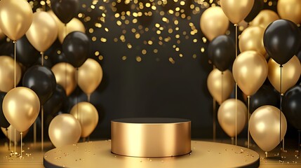 Fototapeta na wymiar Round black podium is decorated with gold and black balloons. on an abstract black background exhibition area, studio or cosmetic and advertising stage. 3D render illustration ai generated 