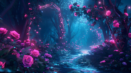 Obraz na płótnie Canvas Neon fairy tale forest with luminous flowers, mystery path in dark magical woods, glowing plants and lights in wonderland. Concept of fantasy night, beauty, nature, landscape, art