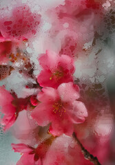 A close up of a bunch of pink flowers with droplets of water on them. Scene is serene and calming, as the flowers