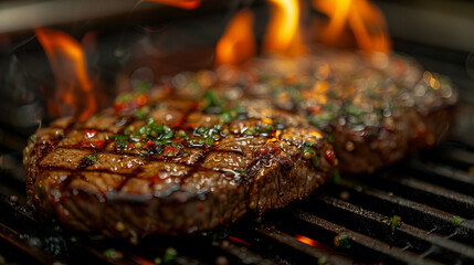 Flames caress steak on the iron grill, infusing it with charred perfection-1