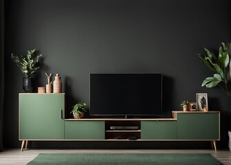 Green cabinet for TV and accessories decor in living room interior on empty dark wall background
