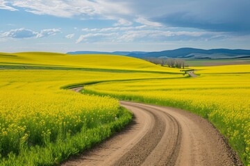 A dirt road stretches through a vast field, adorned with vibrant yellow flowers creating a picturesque scene, A winding road through bright yellow canola fields, AI Generated