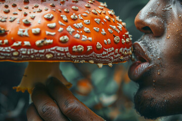 Close-up of Person Smelling Red Amanita Mushroom