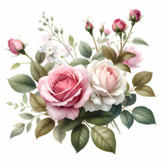 Vintage floral bouquet with roses, peonies and hydrangea flowers in pastel colors isolated on white...