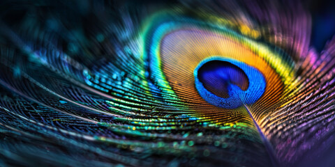 Obraz premium Vibrant Peacock Feather Close-up with Colorful Iridescent Patterns