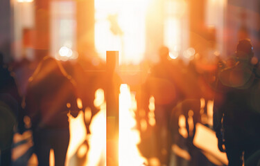Blurred Cross Silhouette in Sunlit Church Ambiance - obrazy, fototapety, plakaty