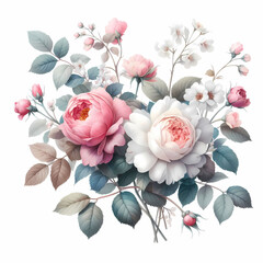 Vintage floral bouquet with roses, peonies and hydrangea flowers in pastel colors isolated on white background.